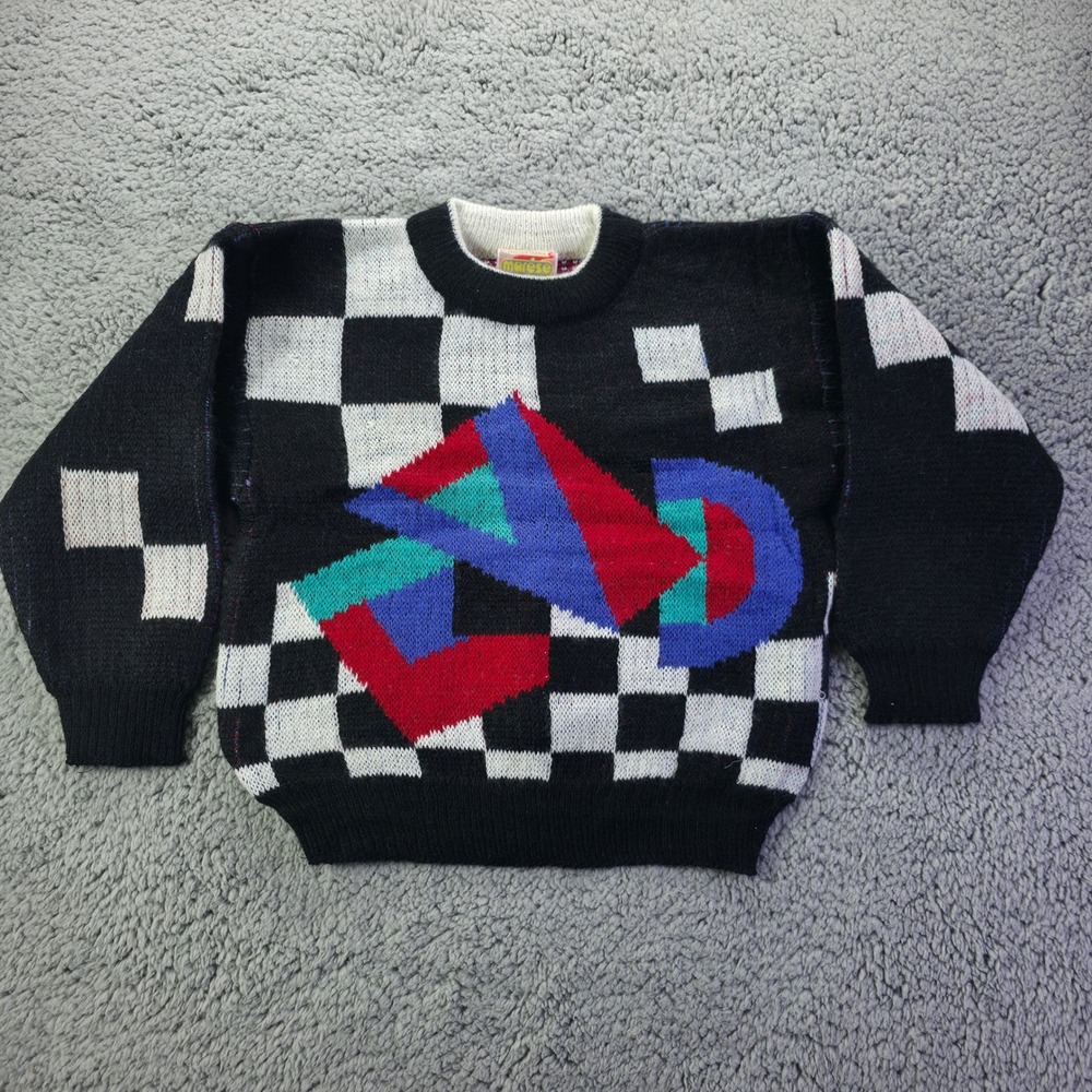 Vintage Marese Kids Sweater 6A Made in France Checkered Geometric Wool Black